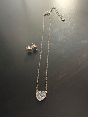 Heart Pendant Necklace and Earring Set with Blue Crystal Accent - Women Jewelry